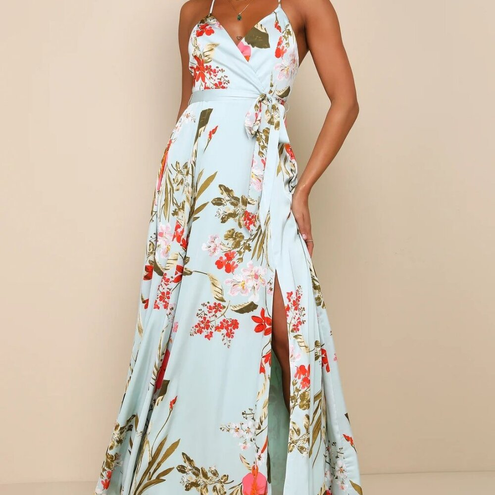 Lulus Womens Still the One Sage Green Floral Print Satin Maxi Dress XS - Tags ON